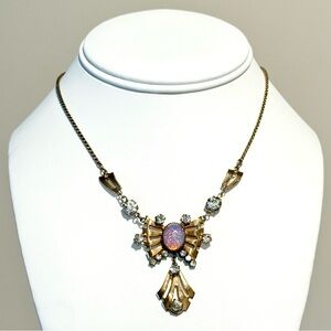 Vintage Lustern Dangle Drop Faux Opal & Rhinestone Necklace Gold Tone